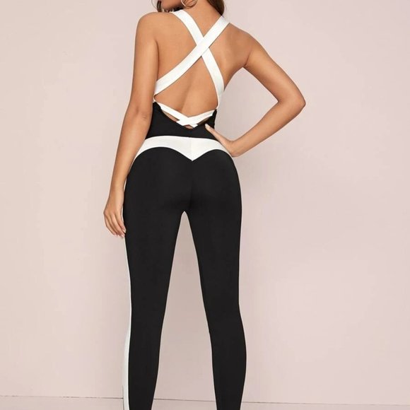Black and White Crisscross Backless Unitard Jumpsuit - Picture 4 of 5